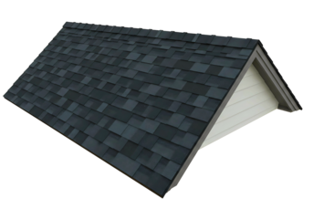 Modern dark grey asphalt shingle roof section with wooden trusses isolated on transparent background