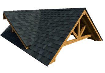 Modern dark grey asphalt shingle roof section with wooden trusses isolated on transparent background