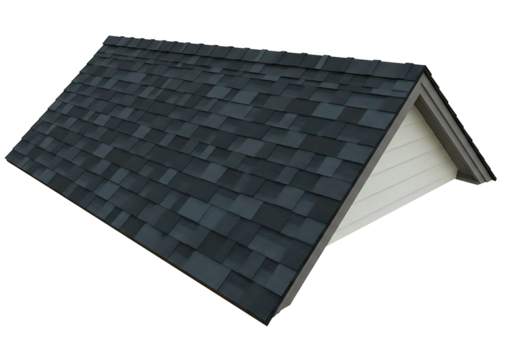 Modern dark grey asphalt shingle roof section with wooden trusses isolated on transparent background