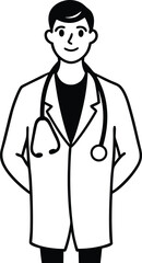 Fototapeta premium Smiling Doctor with Stethoscope Line Art, Male Medical Professional Outline Icon, Healthcare Practitioner Cartoon Character.