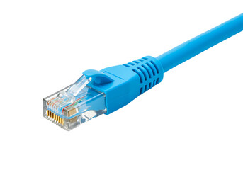 Close up of a blue ethernet network cable connector with visible wires isolated on transparent background