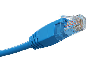 Close up of a blue ethernet network cable connector with visible wires isolated on transparent background