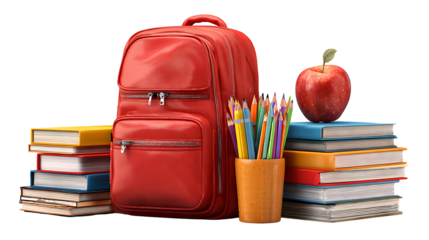 Back to school supplies set: books, pencils, backpack, and apple, isolated on white background.