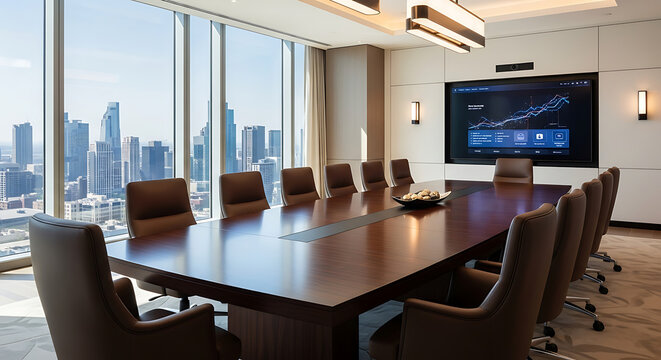 Modern Conference Room with Panoramic City View Ideal for Business Meetings and Corporate Events
