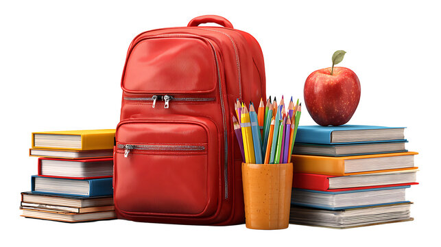 Back to school supplies set: books, pencils, backpack, and apple, isolated on white background.