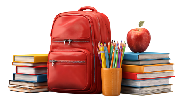 Back to school supplies set: books, pencils, backpack, and apple, isolated on white background.