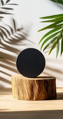 Black circle on wooden stump, tropical backdrop