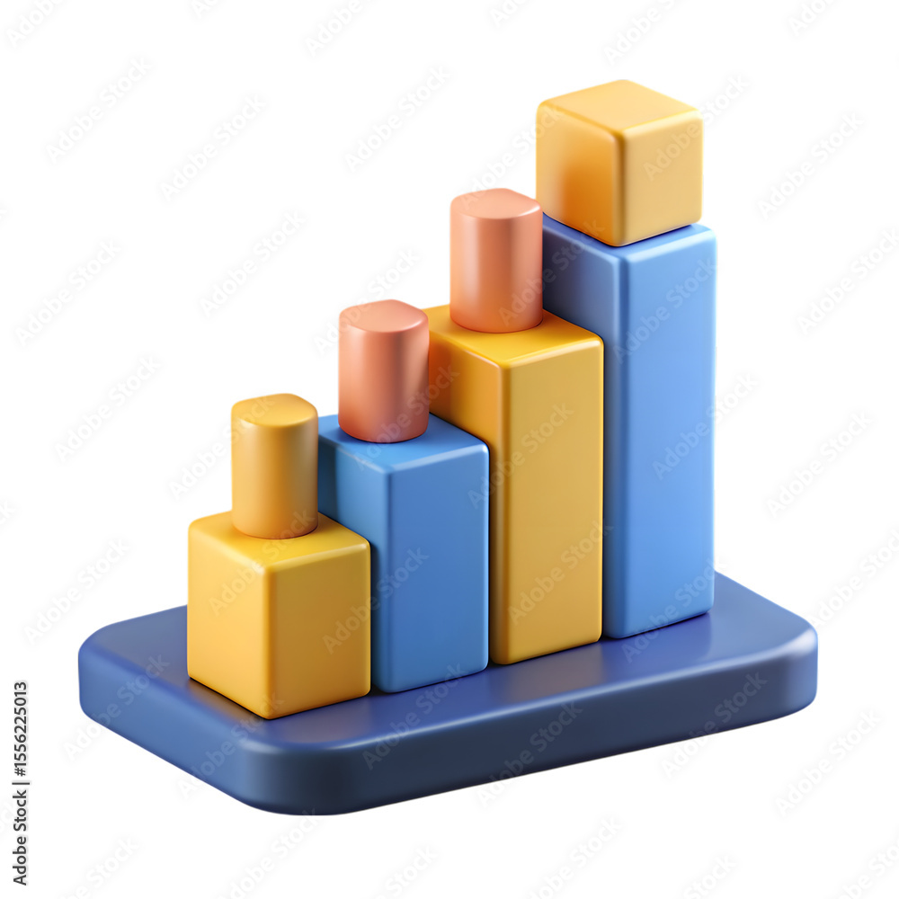 Poster stylized 3d bar chart with rising columns representing growth and success isolated on transparent ba