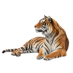 Fototapeta premium A beautiful tiger rests peacefully, isolated on transparent background, its orange and black stripes visible