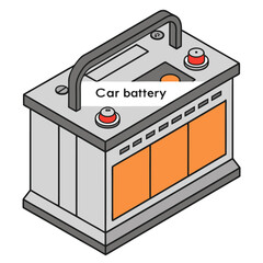 Isometric illustration of car battery with labeled terminals modern design used for automotive power and energy storage systems cartoon.