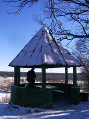Camping. Rest area, observation gazebo on the top of the mountain. Winter hike