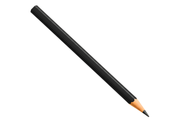 A single black graphite pencil with a sharpened tip isolated on transparent background
