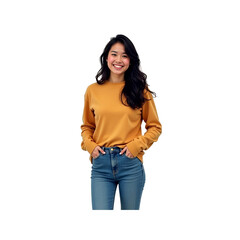 Confident Young Asian Woman in Mustard Yellow Sweatshirt and Jeans