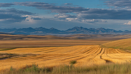 Golden harvested field stretches to distant mountains under a partly cloudy sky
