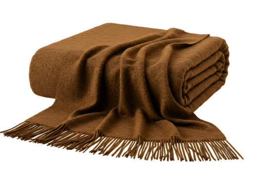 Cozy brown textured throw blanket with fringe isolated on transparent background