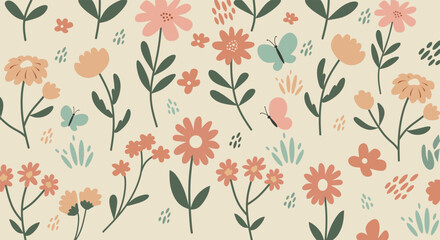 Floral Pattern with Peach and Teal Flowers and Butterflies on Cream Background