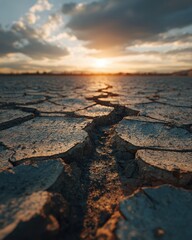 Wide shot of cracked earth in an empty field under a blazing sun during a drought, cinematic warm lighting, showing desolation, realistic textures and soil cracks.