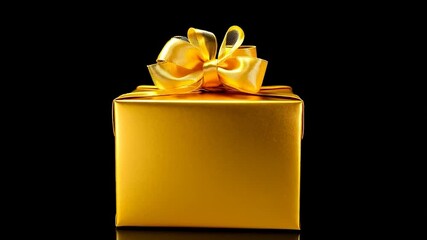Gold gift box with satin ribbon bow on black background - Powered by Adobe
