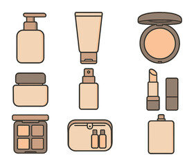 Makeup Packaging Icons. Flat icon set of makeup packaging: pump bottle, squeeze tube, compact case, glass jar,