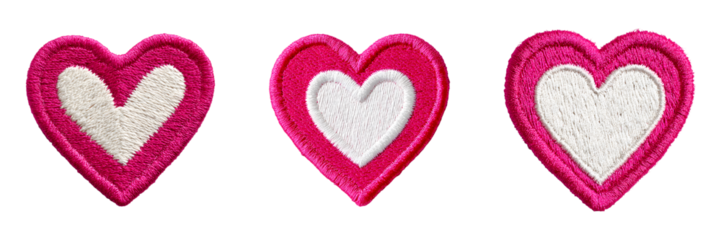 Set of Pink heart embroidery patch isolated on transparent background, in PNG format, cut out