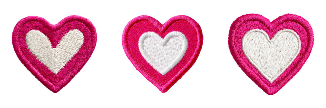 Set of Pink heart embroidery patch isolated on transparent background, in PNG format, cut out