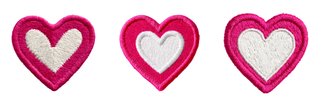 Set of Pink heart embroidery patch isolated on transparent background, in PNG format, cut out