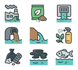 Pollution Sources Icons. Flat icon set of pollution sources affecting algae growth: factory discharge,