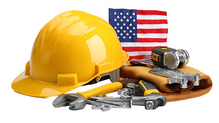 Fototapeta premium Labor Day USA items including hard hat, tools, and American flag, isolated on white background