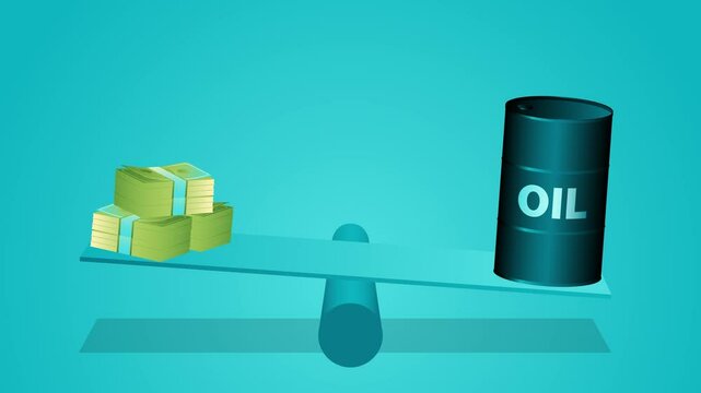Motion graphic of an oil barrel and stacks of money placed on opposite ends of a seesaw, symbolizing the fluctuation of oil prices and their impact on the economy.