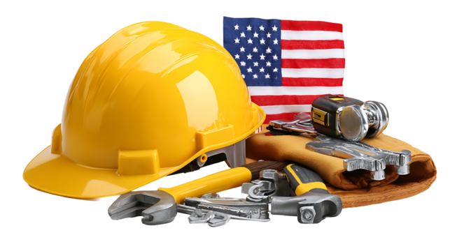 Labor Day USA items including hard hat, tools, and American flag, isolated on white background