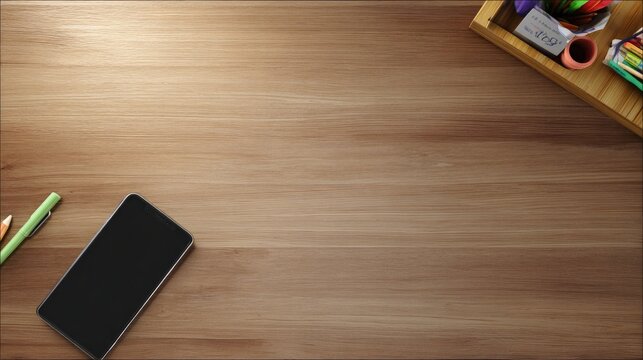Minimalist wooden desk with neatly arranged stationery, embodying simplicity and order in workspace organization