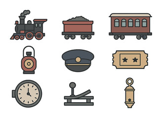 Railway History Icons. Flat icon set of railway history: steam engine, coal tender, vintage train car, railway