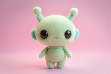 Adorable Tiny Pastel-Green Alien Plushie Holding a Sign on Pink Gradient Background &ndash; Cute Collectible Toy