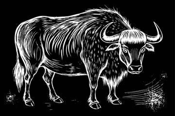Silhouette Vector Art Illustration of Buffalo Line Art Scratchboard Style