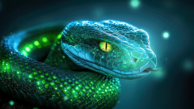 Close-up of glowing green snake in mystical light  
