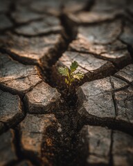 Close-up of dried, cracked soil texture with a single green sprout during a drought, cinematic warm lighting, dynamic composition, storytelling moment showing hope, realistic textures and soil detail