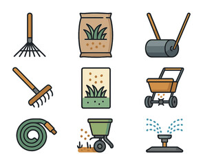 Autumn Lawn Care Icons. Flat icon set of autumn lawn care: lawn rake, grass seed bag, lawn roller, dethatcher,