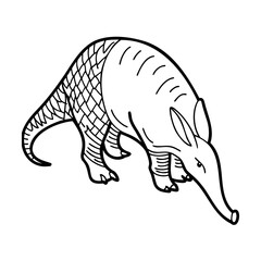 Black and white illustration of an aardvark with detailed scales and lines
