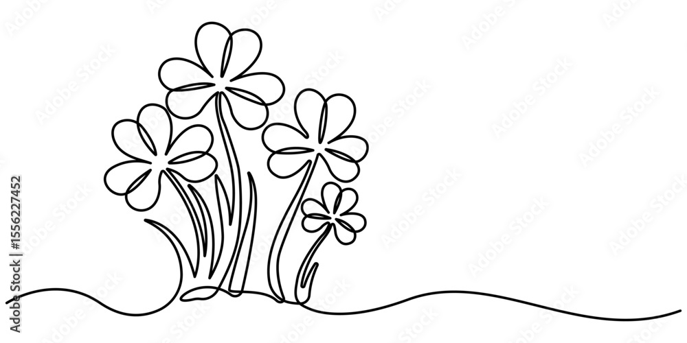 Fototapete Continuous one line drawing of four leaf clovers. Isolated on white background vector illustration, Four leaf clover continuous one line drawing, Clover one line art vector illustration. 