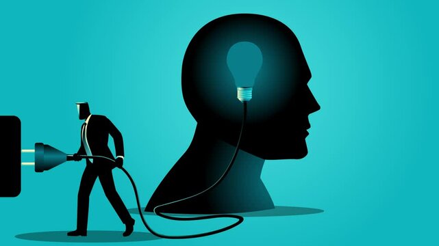 Businessman connecting a giant plug to a human head, lighting up a bulb inside the brain. Symbolizing idea generation, innovation, knowledge, creativity, and mental energy.