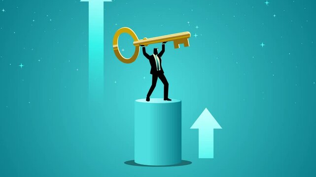 Confident businessman standing on a podium lifting giant golden key, key person, business success key, leadership and growth concept