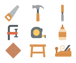 Woodworking Tools Icons. Flat icon set of woodworking tools: hand saw, hammer, wood chisel, clamp, tape