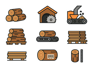 Timber Processing Icons. Flat icon set of timber transport and processing: cut logs, log stack, sawmill,