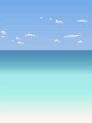 Fototapeta premium vector illustration of azure sea coast in summer against blue sky with white small clouds. For decorating your designs in soft summer colors in vacation and recreation style. To create a summer mood