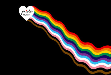 Pride month concept, rainbow heart, waves flag. Banner Pride symbol, LGBTQIA+, sexual minorities, gays and lesbians. Background Love is love, colorful icon isolated on black template