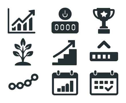 Progress Icons Set. Flat icon set of progress visualization: graph with arrow, step counter, daily win icon,