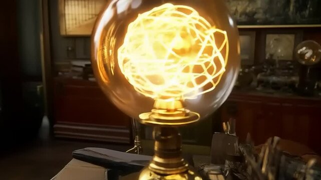 Intricate Steampunk Deskscape: Golden Lamp Illuminating Ingenious Design Elements