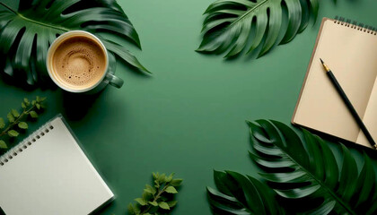 Serene Workspace: A captivating flat lay showcasing a tranquil work environment. A freshly brewed cup of coffee sits next to open notebooks, pens, and lush green tropical leaves.
