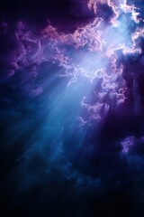 Mystical cloudscape with soft violet light beams &ndash; peaceful spiritual presence in surreal sky