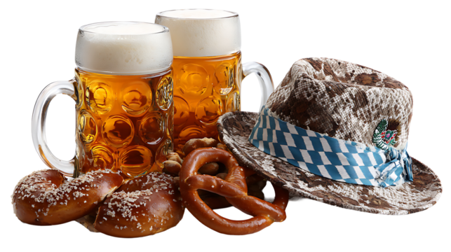 Oktoberfest celebration objects: beer mugs, pretzels, and Bavarian hats, isolated on white background.